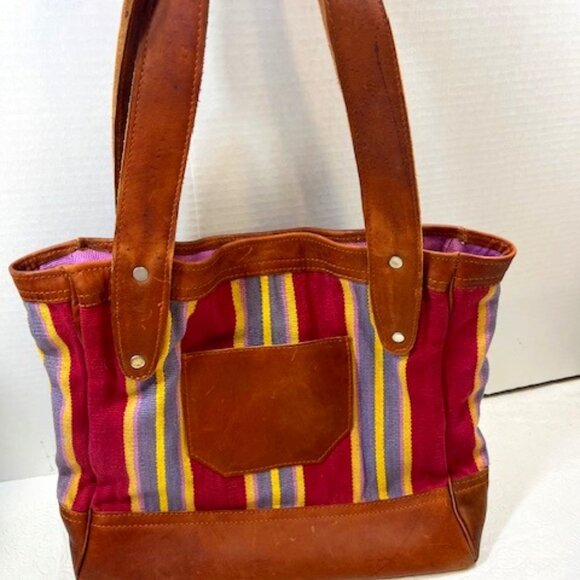 VTG Brown Leather & Striped Tapestry Handbag Snap Closure 11"x4"x10.5" - Picture 2 of 13